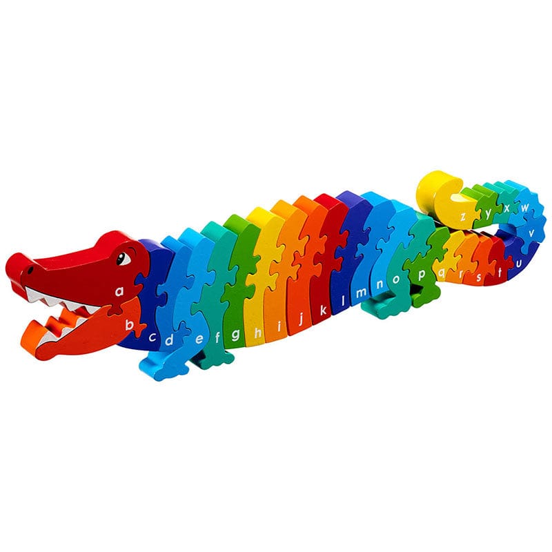 rainbow wooden crocodile a-z jigsaw painted red, blue, green, yellow and orange