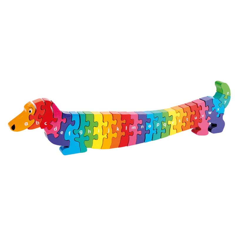 colourful chunky sausage dog jigsaw puzzle with 26 pieces labelled a-z. Helps children learn the alphabet
