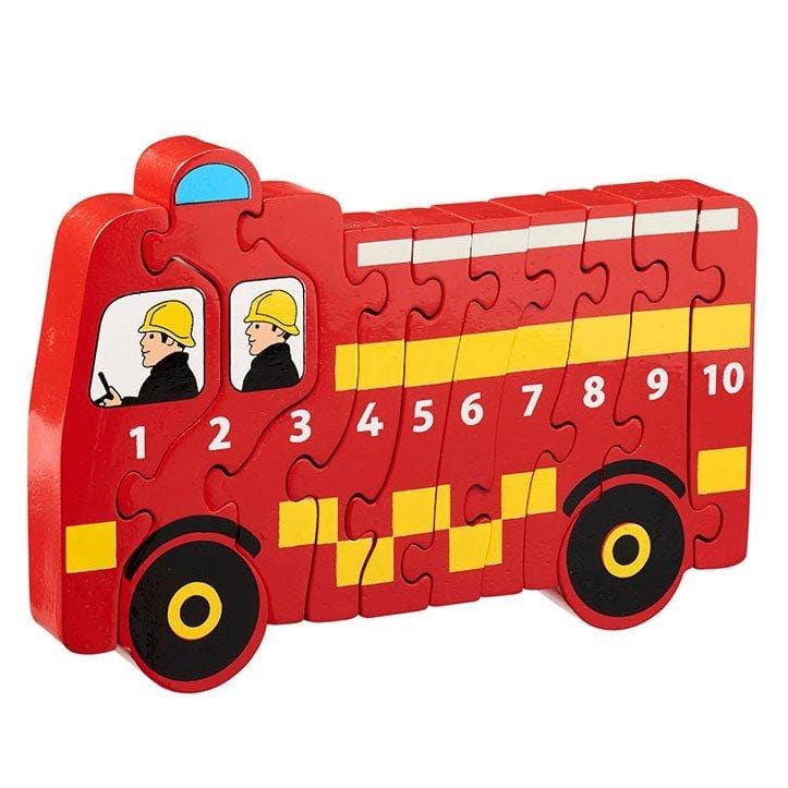 A bright red fire engine jigsaw with numbers 1-10, made of wooden pieces, designed for young children.