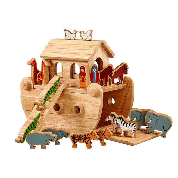 A wooden Noah's Ark play set with various animal figures, including elephants, giraffes, and hippos, in a natural wood color with colourful detailing.