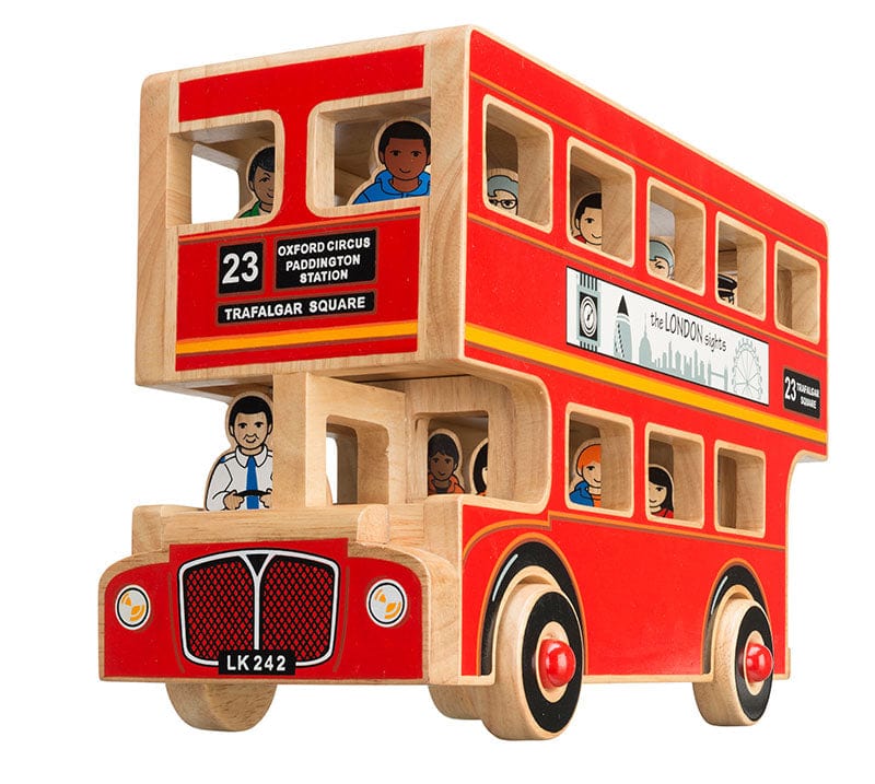bright red wooden london bus with painted wooden passengers. Suitable for children from 10 months