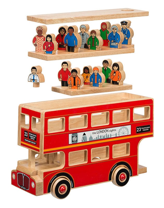 bright red  london bus with a removable roof and 15 painted wooden characters