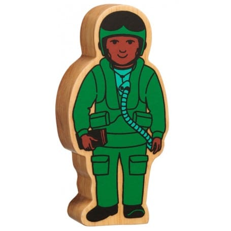 wooden air force officer play figure with brown skin, wearing a green air force uniform with helmet