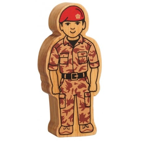 wooden army officer lay figure wearing a camouflage uniform and red beret