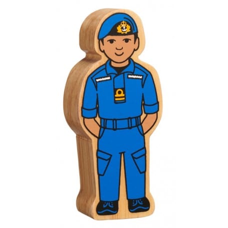 lanka kade wooden navy officer figure wearing a blue navy uniform and blue beret