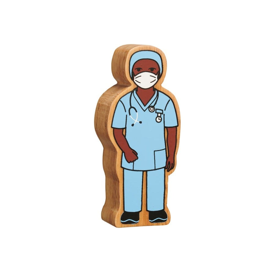 wooden nurse in scrubs play figure with black skin and blue scrubs uniform