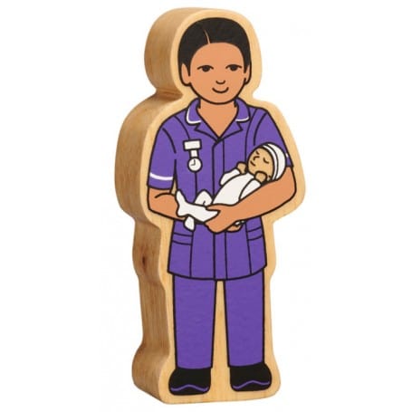 wooden midwife figure with brown skin, wearing a purple uniform and holding a newborn baby