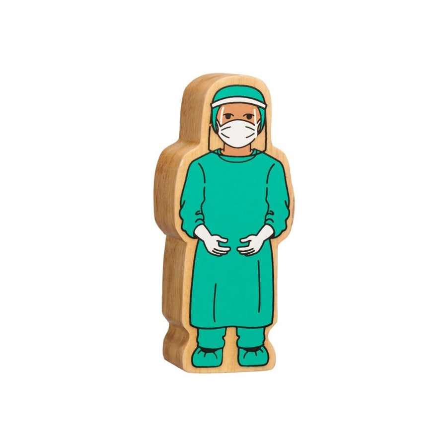 wooden surgeon in visor figure with brown skin and wearing green scrubs. 