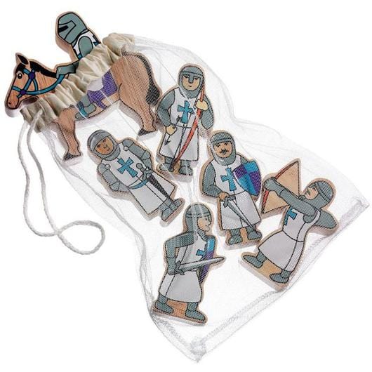 set of six wooden knights with  blue tunis including archer and knights on horseback.