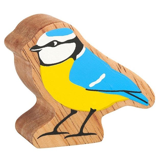 Lankwooden blue tit figure, painted bright yellow and blue with a natural wood grain edge. Suitable for children from 10 months old.