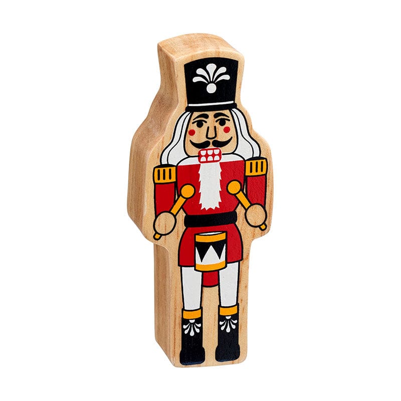 wooden nutcracker figure wearing a green soldier costume. The figure is painted on both sides with a natural wood grain edge. Suitable for children from 10 months old.
