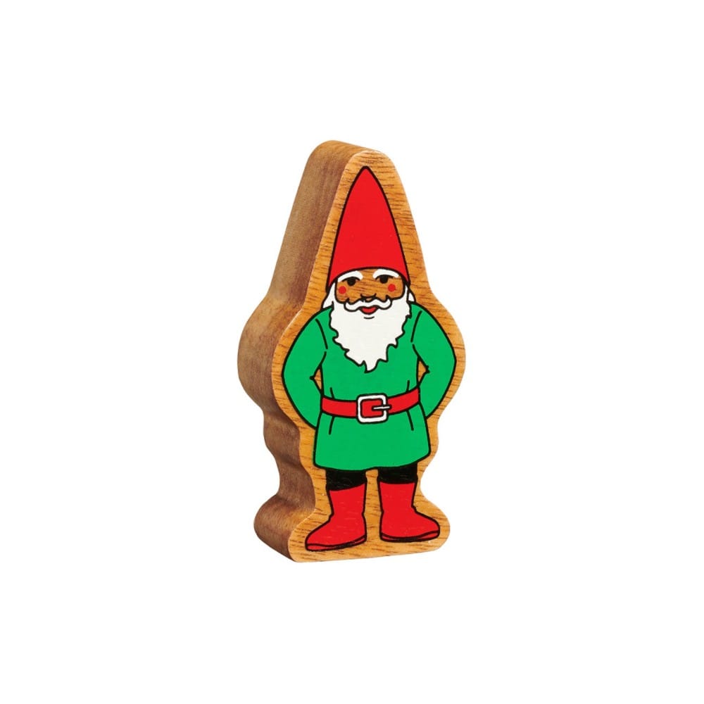 wooden gnome figure wearing a green tunic, red boots and red pointy hat