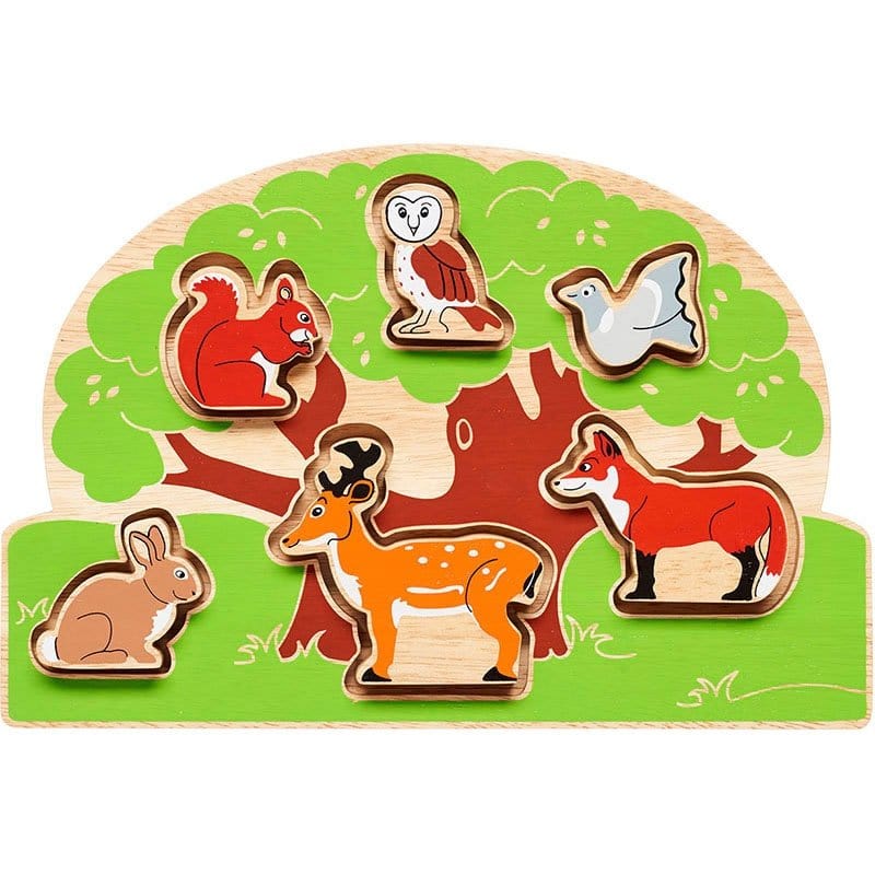 painted wooden Shape Sorter tray with countryside animals including a red squirrel, brown owl, grey dove, rabbit, deer and red fox. 