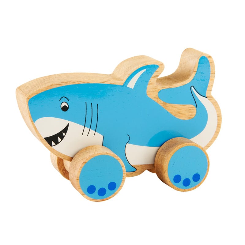 blue wooden shark push along toy with a natural wood grain edge. For children age 10 months and over