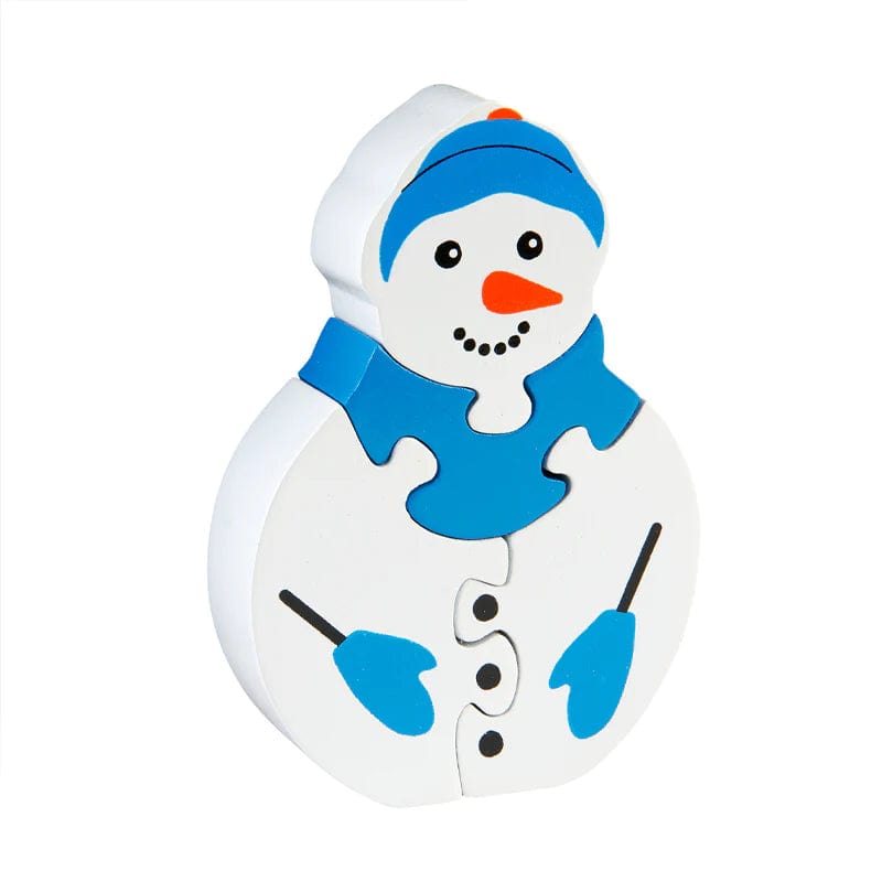 A chunky wooden jigsaw puzzle designed to look like a snowman, with blue and white pieces.