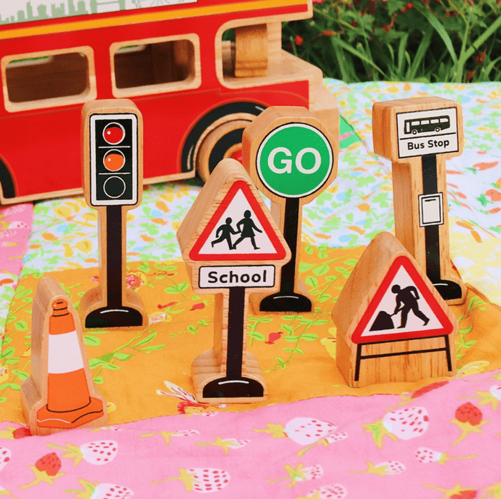 road signs and bus stops from the lanka kade wooden town playset