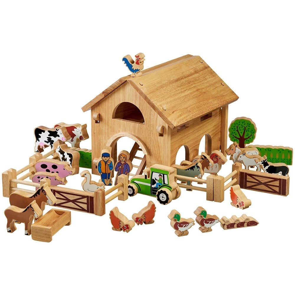 wooden Farm and Barn with Colourful animals and farmers, painted wooden tractor and fences. Suitable for children from 10 months
