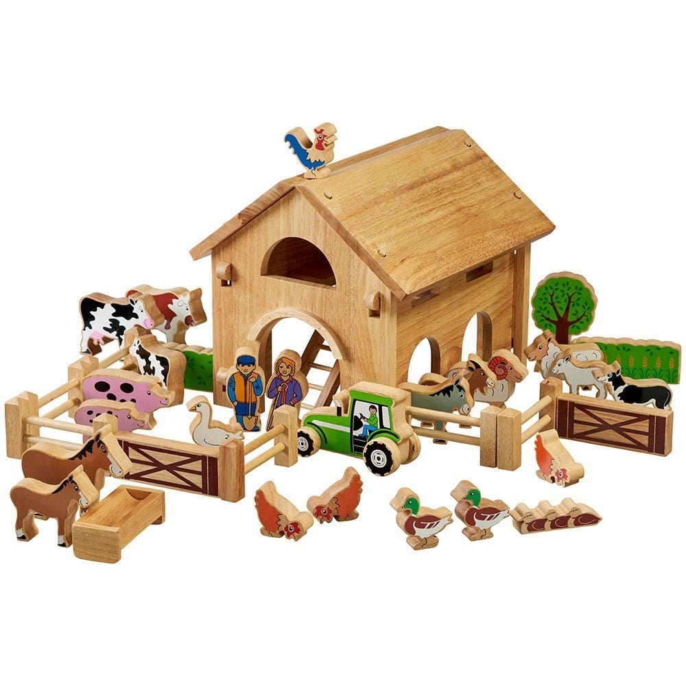 Wooden farm and barn set with colourful, non-toxic painted farm animals, farmers, a tractor, and accessories like gates, fences, and a tree.