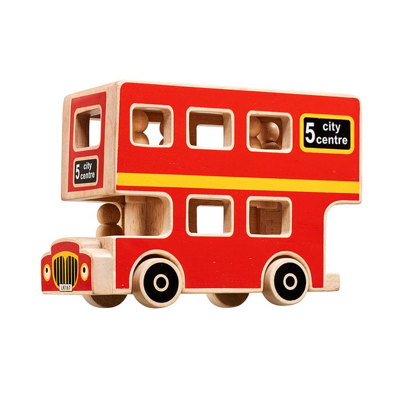 bright red wooden bus with wooden peg people inside. Suitable for children from 10 months.
