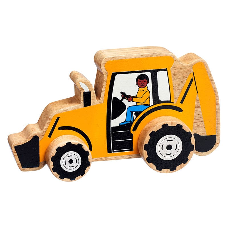 wooden painted yellow digger with chunky wooden wheels. Suitable for children from 10 months