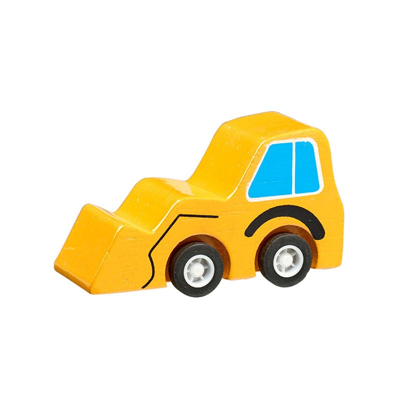 A small chunky wooden mini digger toy with yellow body, blue windows and black detailing.