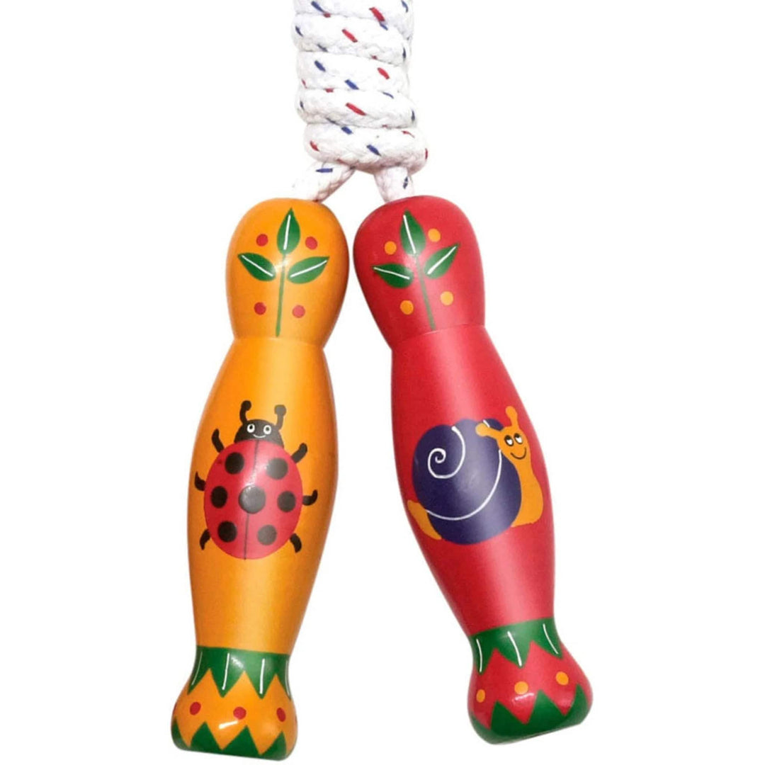 A colorful wooden skipping rope with hand-painted minibeast designs on the handles.