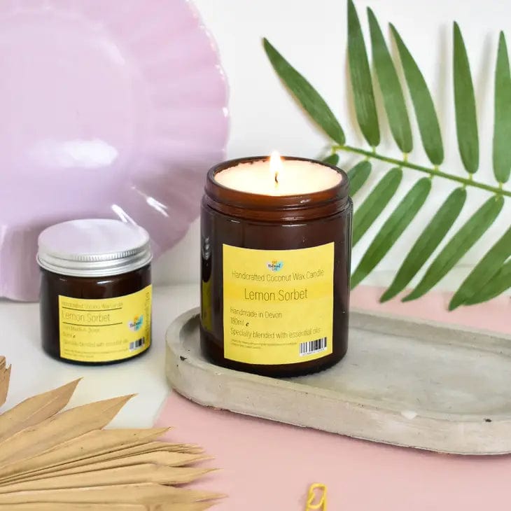 A lit coconut wax candle with lemon sorbet scent in an amber glass jar, alongside a smaller jar with a label, placed on a concrete surface with a pink object in the background and a green leafy branch beside it.