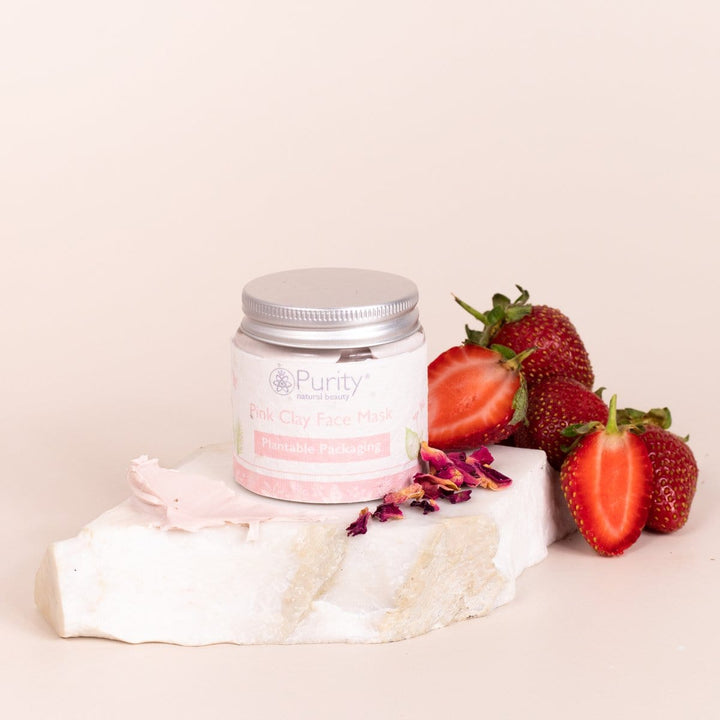 Pink Clay Mask in a glass jar with plantabe packaging and an aluminium lid