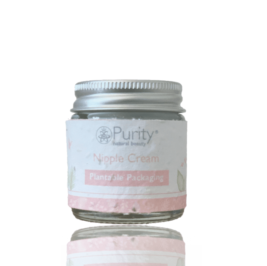 glass jar of natural, vegan nipple cream with plantable outer packaging
