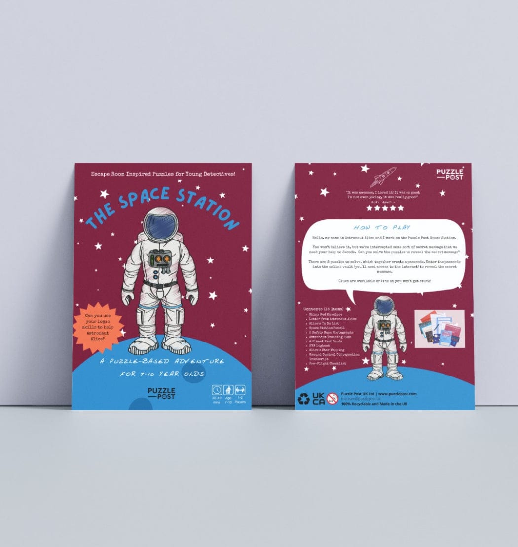 Puzzle Post Game The Space Station Children's Escape Room Game on a white background