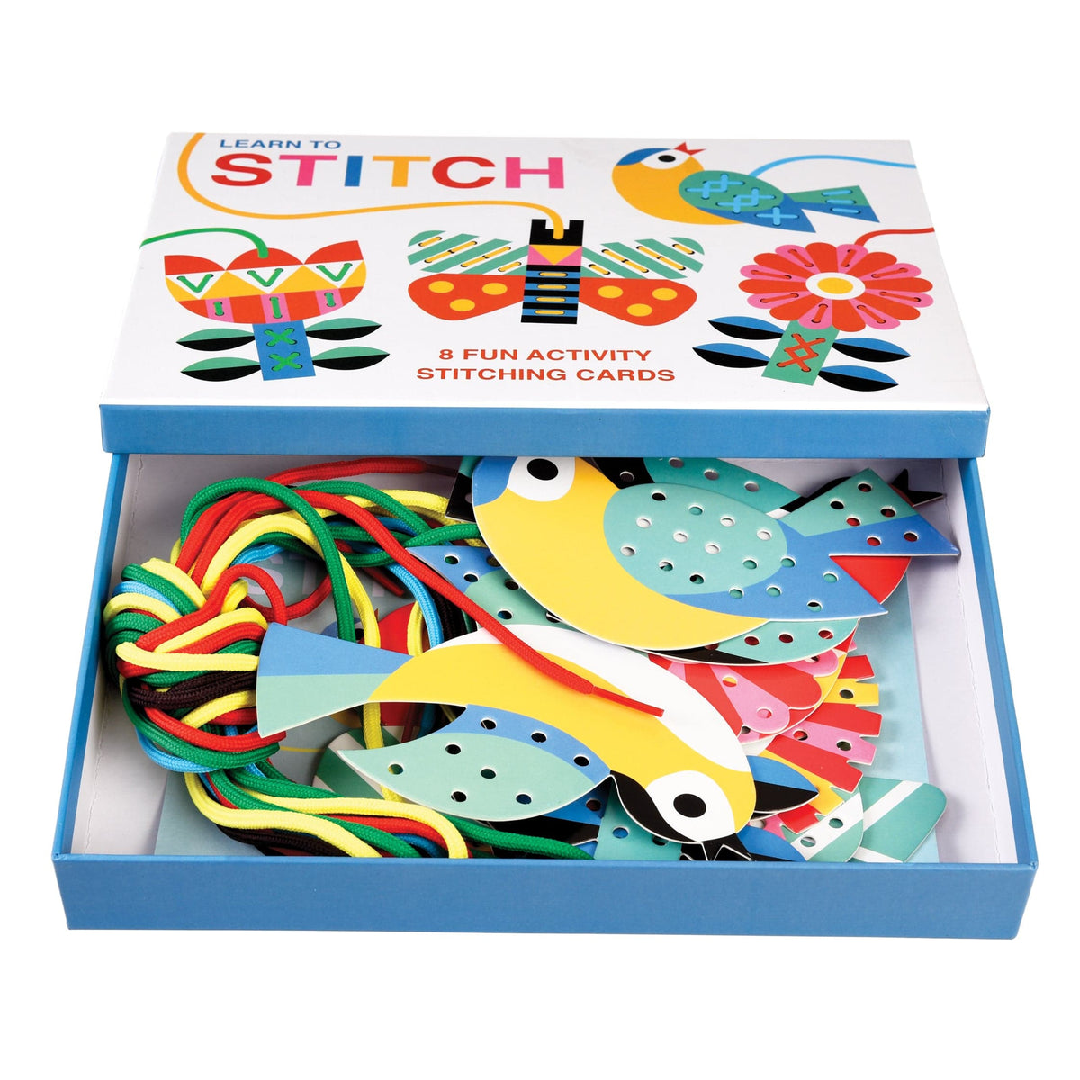 colourful card shapes including bluebirds and flowers with coloured cotton laces in a blue gift box which reads 'Learn to Stitch'. 
