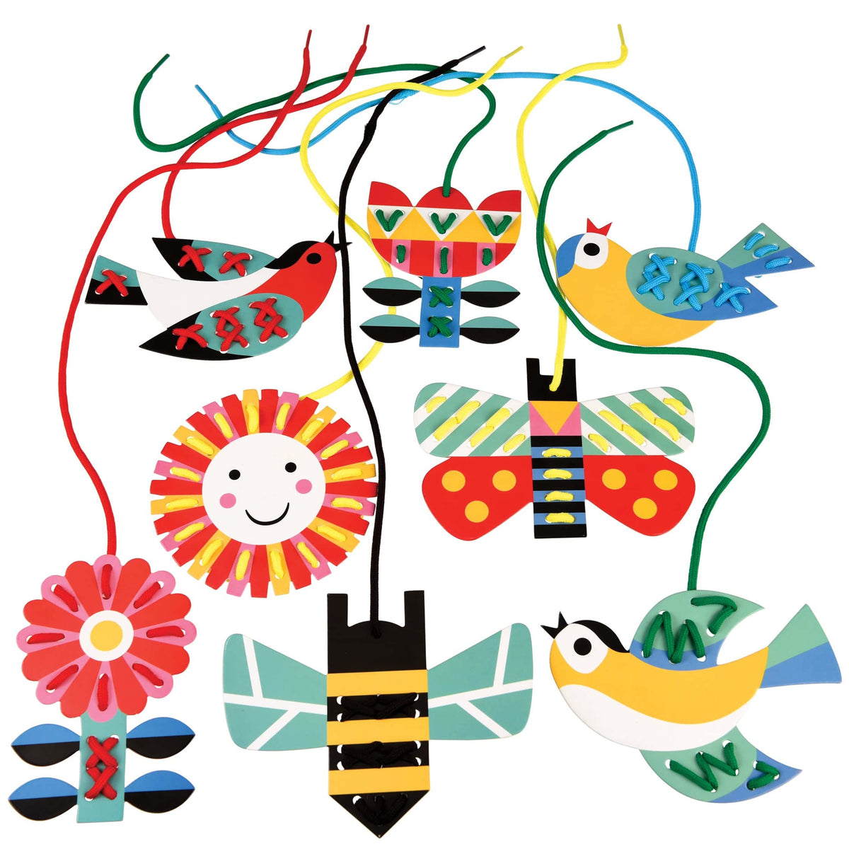 card shapes including flowers, birds bees and butterflies from the Rex London learn to stitch craft kit for kids age 3+