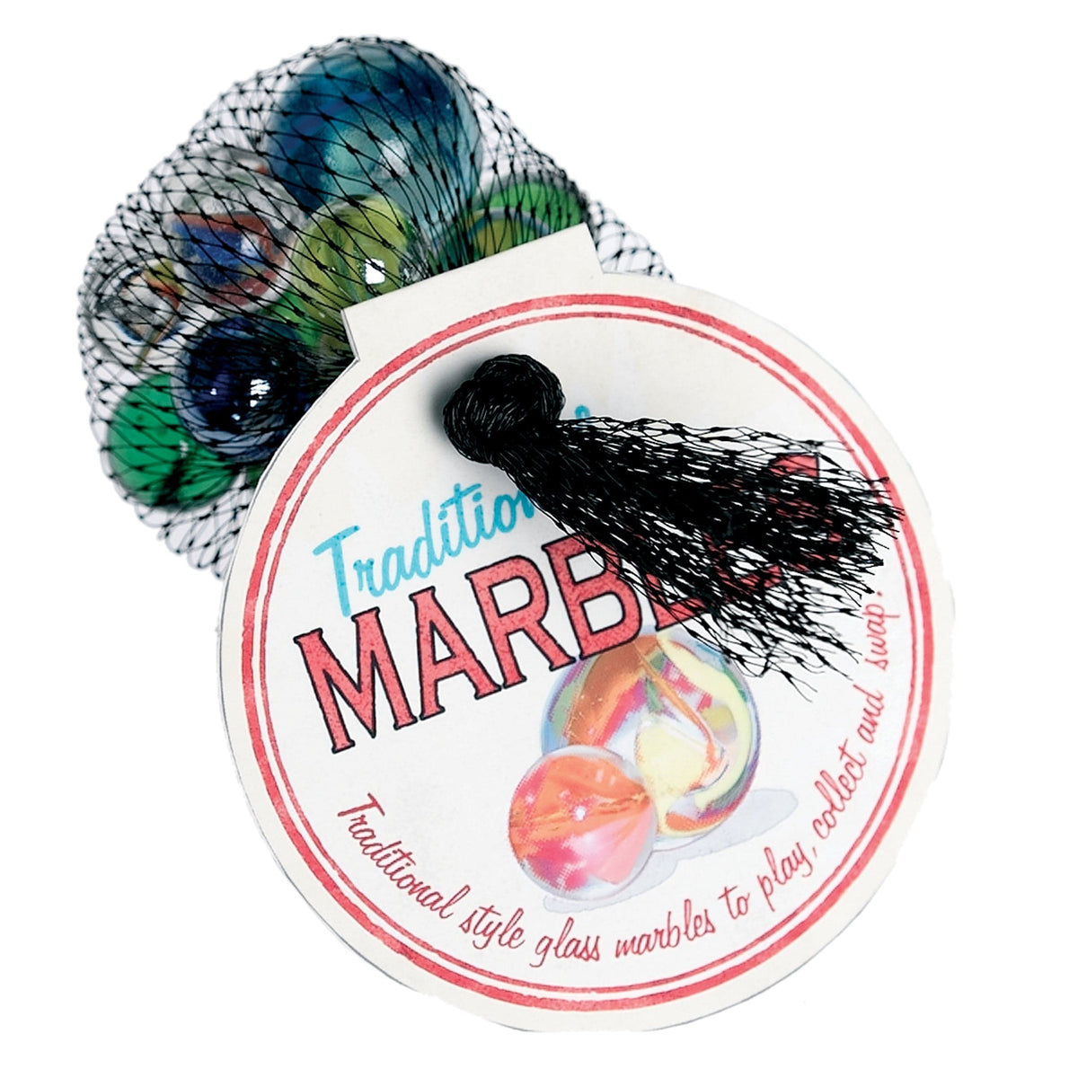 Glass marbles with colourful details in a black net 
