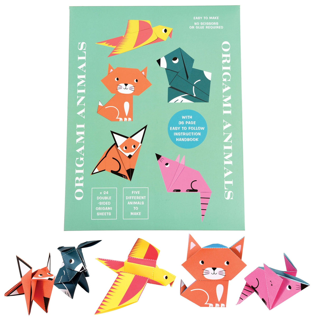 A collection of origami animals displayed next to a package with instructions for making various animals using the origami sheets.