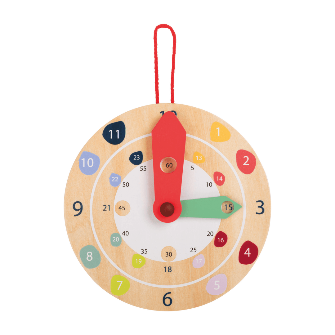 wooden tell the time learning clock with colourful numbers and a red hanging loop
