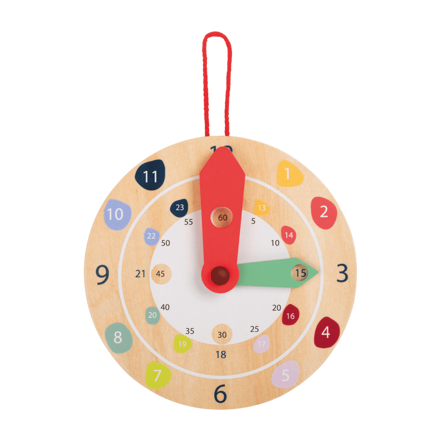 wooden tell the time learning clock with colourful numbers and a red hanging loop