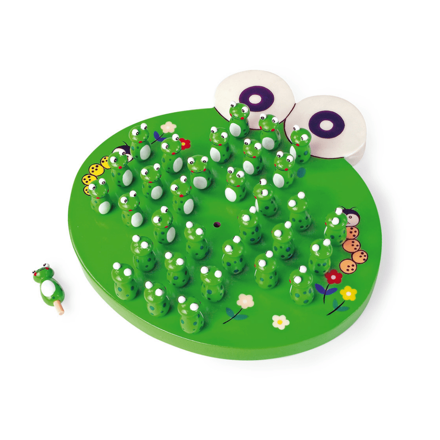 small foot green frog solitaire with frog game pieces and a wooden board. For children age 5 and over 