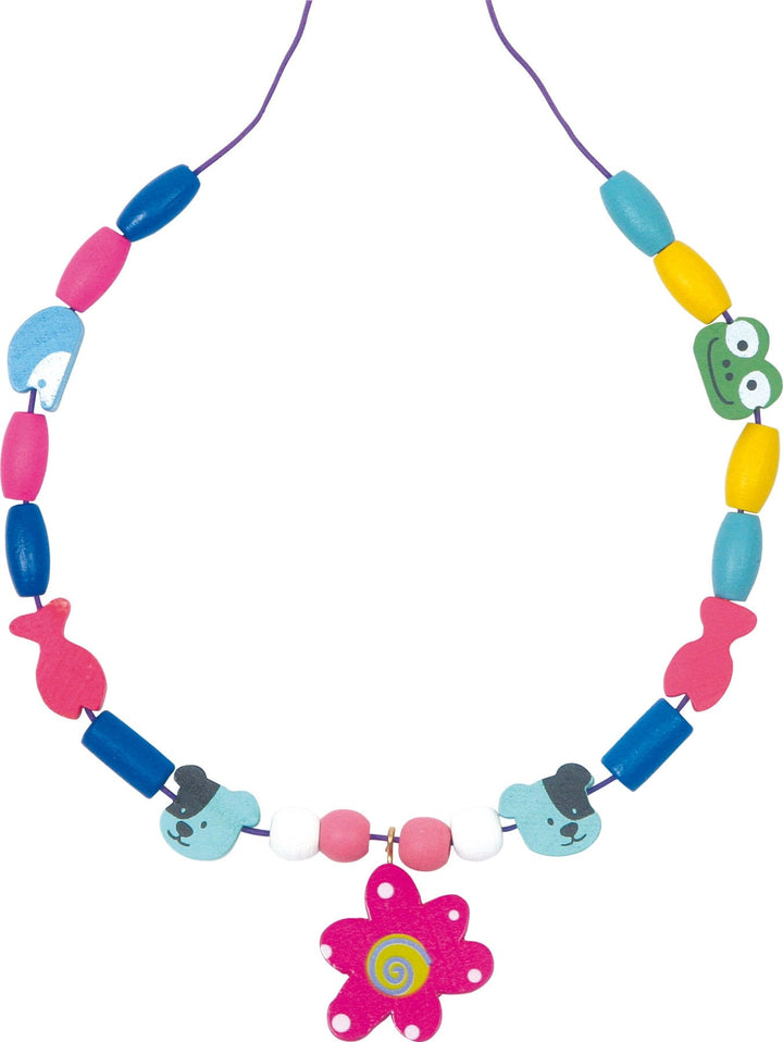 colourful necklace made with wooden beads from small foot jewellery making set
