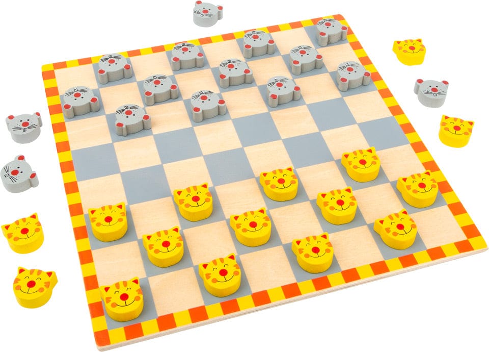 colourful yellow and orange draughts game with Cat + Mouse playing pieces for children age 5 and over 