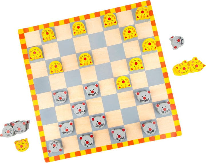colourful yellow and orange draughts game with Cat + Mouse playing pieces for children age 5 and over 
