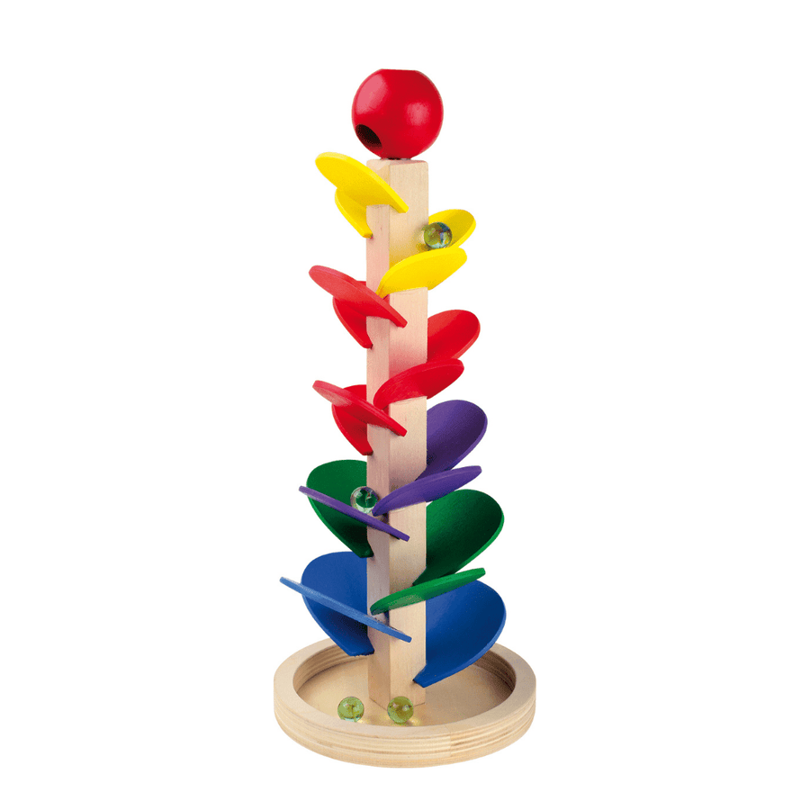 small foot wooden marble run tower in rainbow colours