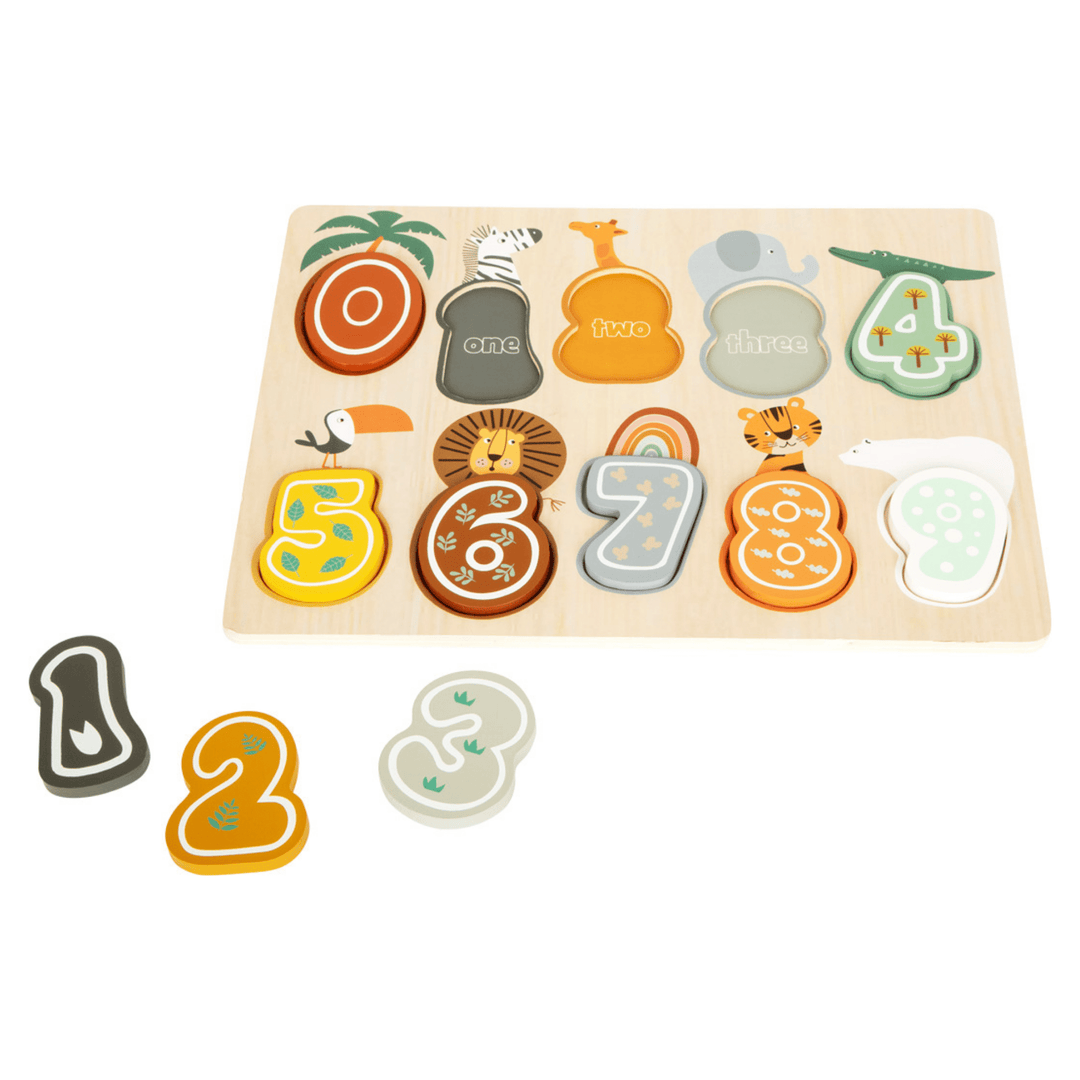 wooden number puzzle painted with safari animals for children aged  12 months and over 