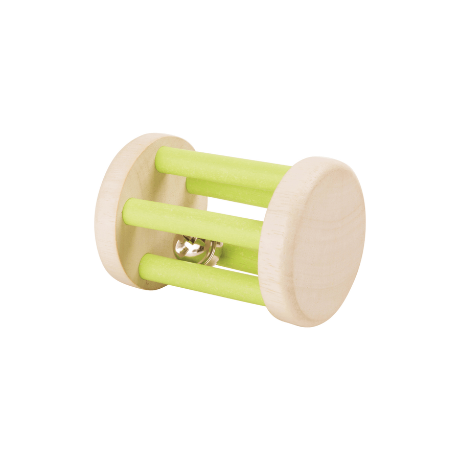 green wooden rolling rattle with a bell inside for babies