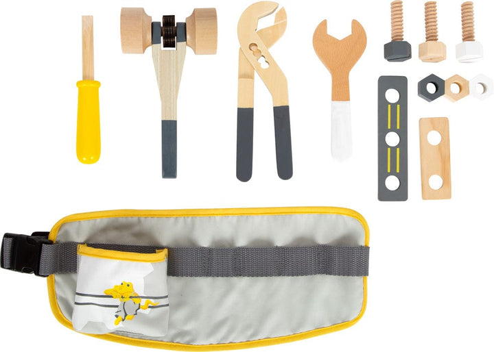 flatlay ofSmall Foot 'Miniwob' Tool Belt with Wooden Tools