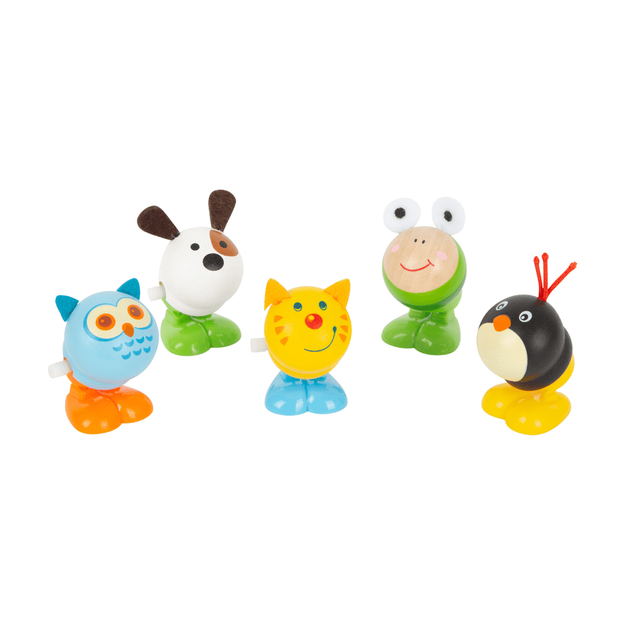 wooden wind up hopping owl, dog, cat, frog and penguin