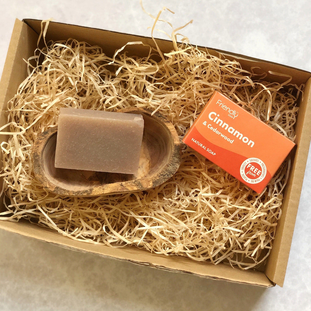 natural soap and olive wood soap dish in a gift box