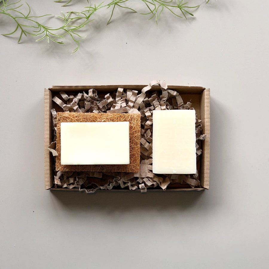 Natural shampoo and conditioner bars with a coconut fibre soap rest packaged in a brown kraft gift box with shredded paper.  Haircare Gift Set