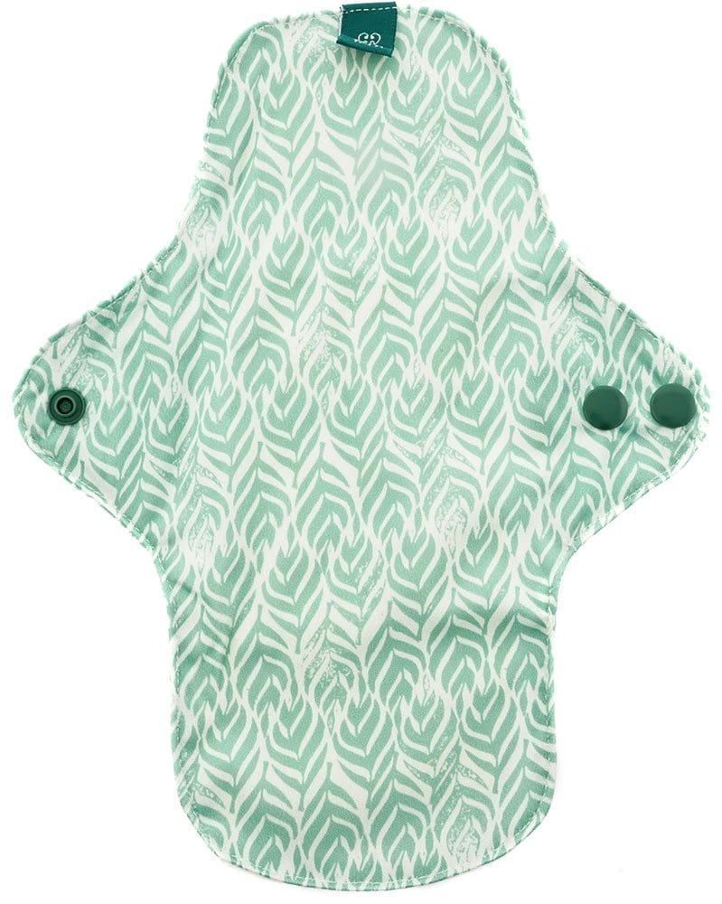 reusable period pad with green geometric print and adjustable popper fastening