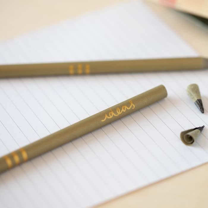 recycled plastic pencils in gold with 'ideas' print